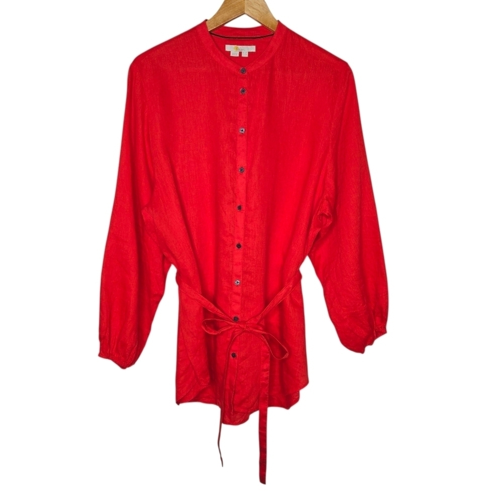 Boden Womens Red Button Down Band Collar Tie Belt Linen Tunic Shirt Size 12 P